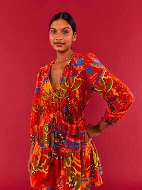 FARM Rio Bright Red Tropical Tiered Dress with Multicolor Print